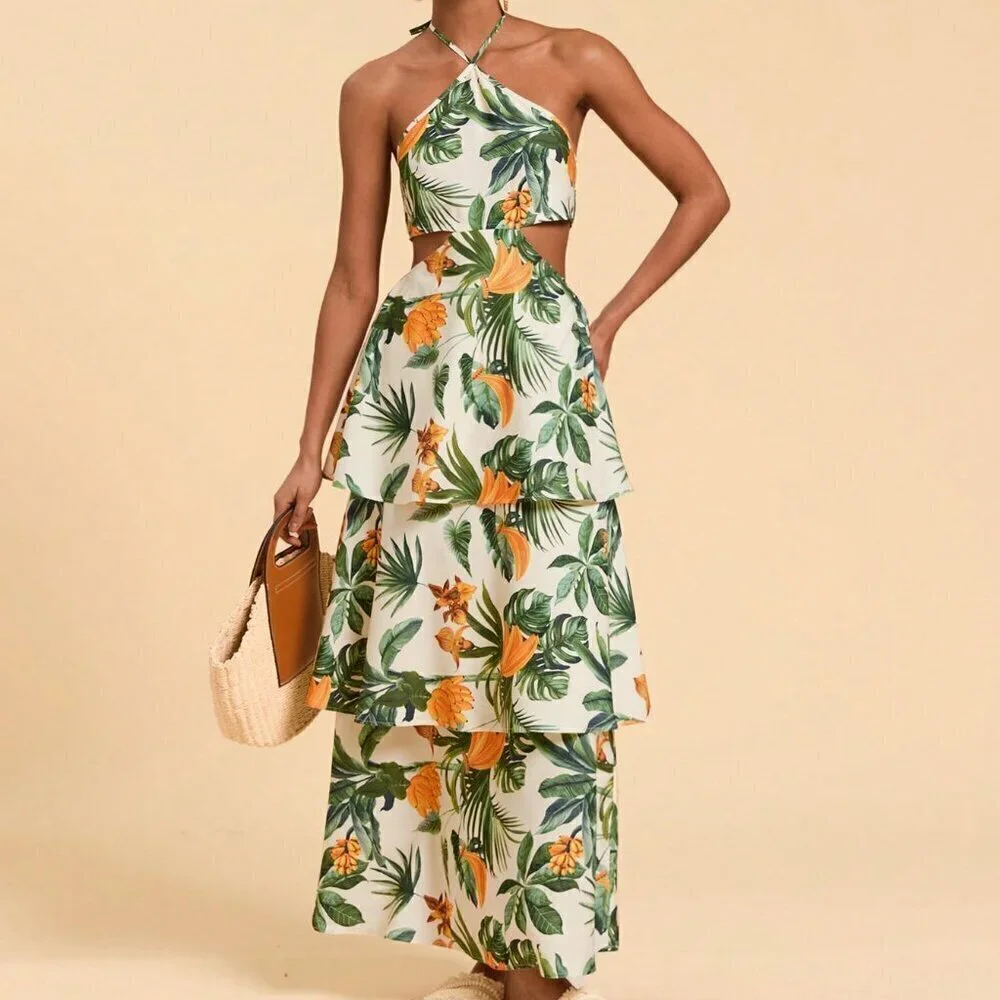 Boho Women's Tropical Plant Print Halter Waist Cutout Maxi Dress